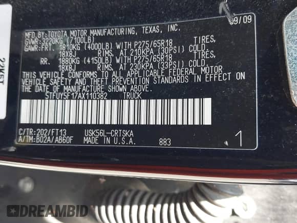 2010 Toyota Tundra с VIN 5TFUY5F17AX110382, выставлен на аукционе IAAI как лот 42833717 с пробегом 188 914 миль миль и . История ставок и продаж доступна на DreamBid. Изображение 9.