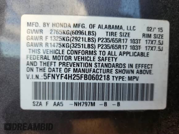 2015 Honda Pilot LX z VIN 5FNYF4H25FB060218, wystawiony jako Copart lot #82473835 z przebiegiem 83 803 mil mil oraz Szkoda całkowita • Salvage title. Historia ofert i sprzedaży dostępna na DreamBid. Obrazek 14.
