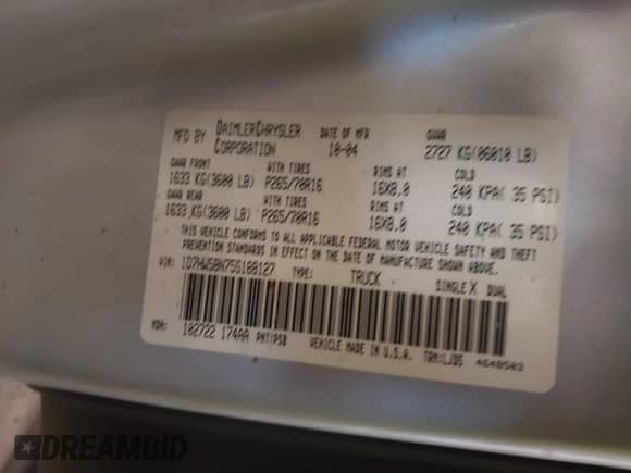 2005 Dodge Dakota Laramie z VIN 1D7HW58N75S188127, wystawiony jako IAAI lot #41209206 z przebiegiem 117 480 mil mil oraz . Historia ofert i sprzedaży dostępna na DreamBid. Obrazek 9.