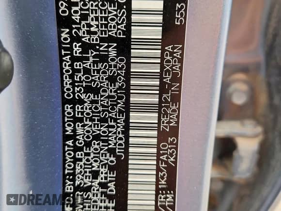 2021 Toyota Corolla L с VIN JTDDPMAE7MJ139430, выставлен на аукционе Copart как лот 85822425 с пробегом 60 707 миль миль и Чистый • Clean title. История ставок и продаж доступна на DreamBid. Изображение 12.
