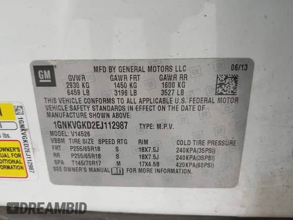 2014 Chevrolet Traverse LT с VIN 1GNKVGKD2EJ112987, выставлен на аукционе IAAI как лот 43095579 с пробегом 131 651 миль миль и . История ставок и продаж доступна на DreamBid. Изображение 9.
