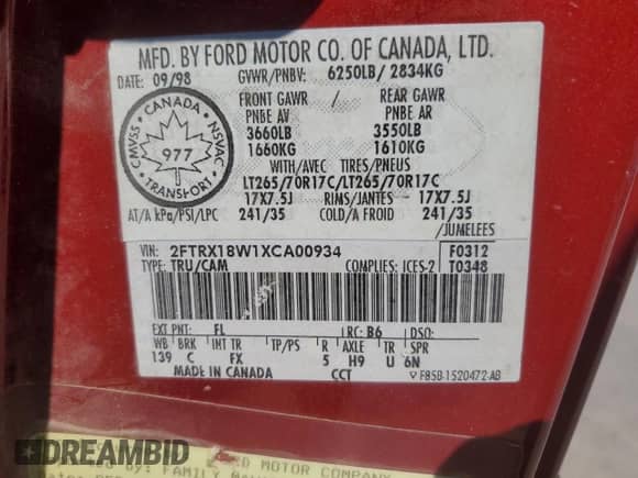 1999 Ford F-150 z VIN 2FTRX18W1XCA00934, wystawiony jako Copart lot #68713505 z przebiegiem 256 282 mil mil oraz Szkoda całkowita • Salvage title. Historia ofert i sprzedaży dostępna na DreamBid. Obrazek 12.