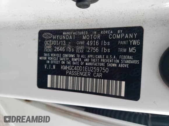 2014 Hyundai Genesis 3.8L with VIN KMHGC4DD1EU259750, listed as a Copart auction lot 57047204 with 148,079 mi miles and Salvage title. Bid and sale history available at DreamBid. Image 13.