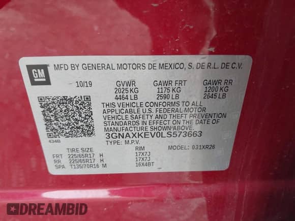 2020 Chevrolet Equinox LT with VIN 3GNAXKEV0LS573663, listed as a IAAI auction lot 43031569 with 63,690 mi miles and . Bid and sale history available at DreamBid. Image 9.