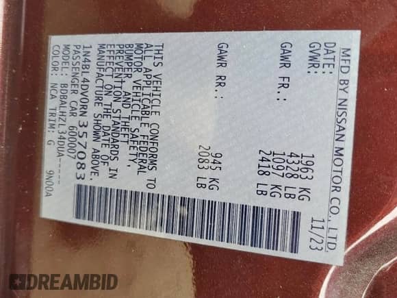 2024 Nissan Altima SV с VIN 1N4BL4DV0RN357083, выставлен на аукционе Copart как лот 86085985 с пробегом 55 424 миль миль и На запчасти • Non repairable. История ставок и продаж доступна на DreamBid. Изображение 12.