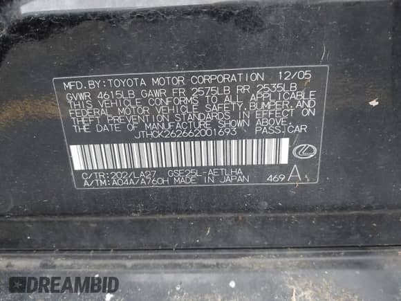 2006 Lexus IS 250 с VIN JTHCK262662001693, выставлен на аукционе IAAI как лот 42681720 с пробегом 336 622 миль миль и . История ставок и продаж доступна на DreamBid. Изображение 9.