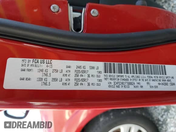 2015 Dodge Journey SE with VIN 3C4PDCAB1FT688624, listed as a Copart auction lot 85358454 with 140,280 mi miles and Salvage title. Bid and sale history available at DreamBid. Image 14.