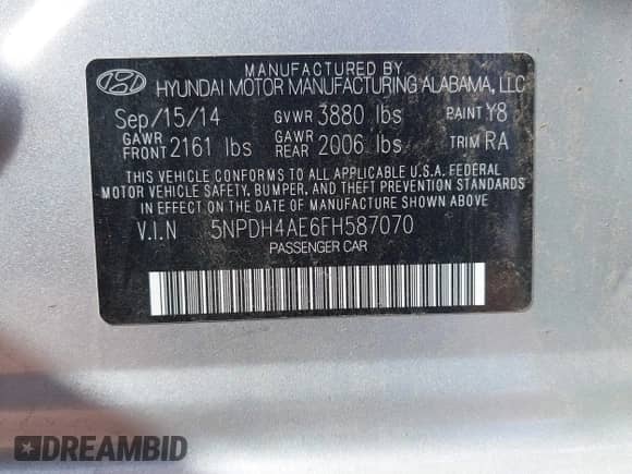 2015 Hyundai Elantra SE с VIN 5NPDH4AE6FH587070, выставлен на аукционе IAAI как лот 43470363 с пробегом 65 503 миль миль и . История ставок и продаж доступна на DreamBid. Изображение 9.