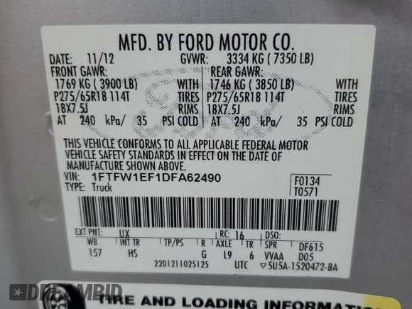 2013 Ford F-150 Lariat z VIN 1FTFW1EF1DFA62490, wystawiony jako Copart lot #84170535 z przebiegiem 43 617 mil mil oraz Szkoda całkowita • Salvage title. Historia ofert i sprzedaży dostępna na DreamBid. Obrazek 13.