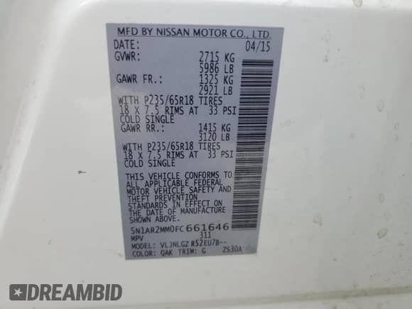 2015 Nissan Pathfinder SL with VIN 5N1AR2MM0FC661646, listed as a Copart auction lot 80323085 with 175,325 mi miles and Clean title. Bid and sale history available at DreamBid. Image 13.