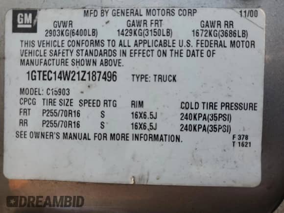 2001 GMC Sierra 1500 SL with VIN 1GTEC14W21Z187496, listed as a Copart auction lot 63243275 with 251,682 mi miles and Salvage title. Bid and sale history available at DreamBid. Image 12.