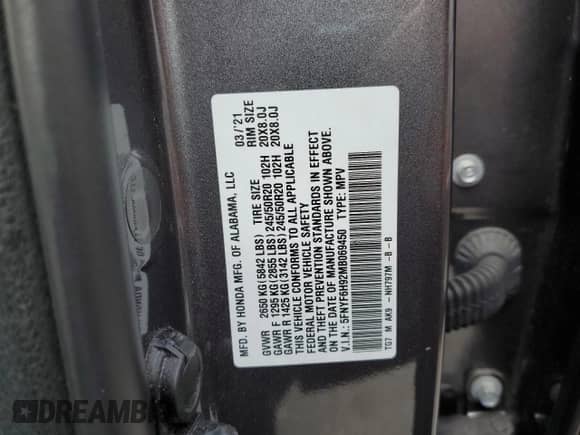 2021 Honda Pilot Touring 8-Passenger с VIN 5FNYF6H92MB069450, выставлен на аукционе Copart как лот 87226435 с пробегом 46 789 миль миль и Списание • Salvage title. История ставок и продаж доступна на DreamBid. Изображение 13.