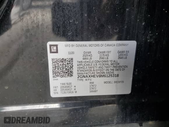 2021 Chevrolet Equinox LS with VIN 2GNAXHEV8M6125318, listed as a Copart auction lot 63687005 with 142,487 mi miles and Clean title. Bid and sale history available at DreamBid. Image 13.