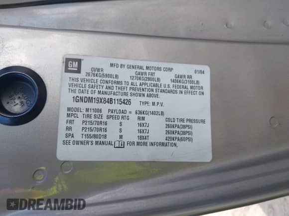 2004 Chevrolet Astro с VIN 1GNDM19X84B115426, выставлен на аукционе IAAI как лот 41130271 с пробегом Не указан миль и . История ставок и продаж доступна на DreamBid. Изображение 9.