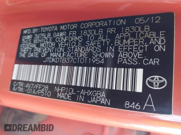 2012 Toyota Prius One z VIN JTDKDTB37C1011954, wystawiony jako IAAI lot #42911021 z przebiegiem 316 302 mil mil oraz . Historia ofert i sprzedaży dostępna na DreamBid. Obrazek 9.