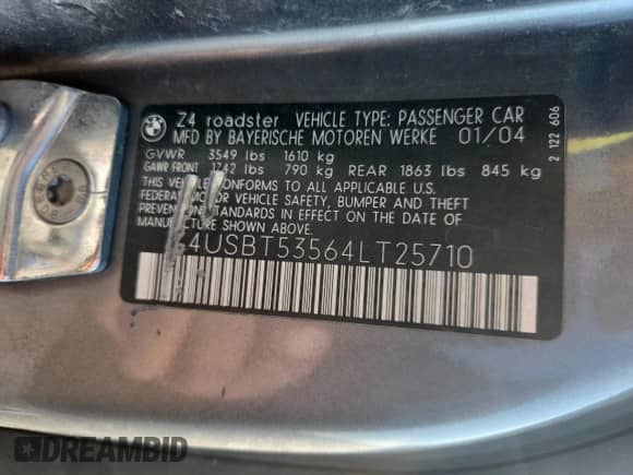2004 BMW Z4 3.0i with VIN 4USBT53564LT25710, listed as a Copart auction lot 80996885 with 80,517 mi miles and Salvage title. Bid and sale history available at DreamBid. Image 12.