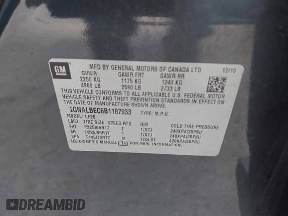 2011 Chevrolet Equinox LS с VIN 2GNALBEC6B1187933, выставлен на аукционе IAAI как лот 43440603 с пробегом 135 831 миль миль и . История ставок и продаж доступна на DreamBid. Изображение 9.