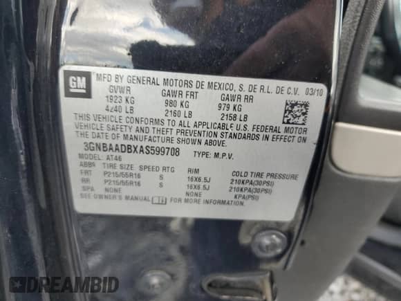 2010 Chevrolet HHR LS with VIN 3GNBAADBXAS599708, listed as a Copart auction lot 84898485 with 167,234 mi miles and Salvage title. Bid and sale history available at DreamBid. Image 12.