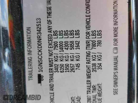 2022 Chevrolet Suburban LT z VIN 1GNSCCKD0NR342513, wystawiony jako Copart lot #64694265 z przebiegiem 73 079 mil mil oraz Szkoda całkowita • Salvage title. Historia ofert i sprzedaży dostępna na DreamBid. Obrazek 14.