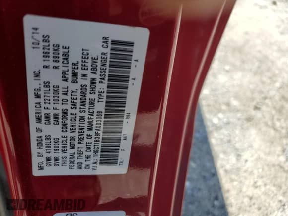 2015 Honda Accord LX-S with VIN 1HGCT1B38FA003069, listed as a Copart auction lot 67359675 with 176,020 mi miles and Salvage title. Bid and sale history available at DreamBid. Image 12.