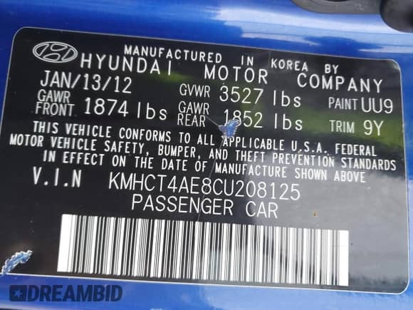 2012 Hyundai Accent GLS with VIN KMHCT4AE8CU208125, listed as a IAAI auction lot 43275646 with 178,208 mi miles and . Bid and sale history available at DreamBid. Image 9.