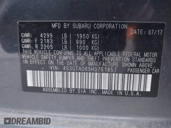 2017 Subaru Impreza Premium с VIN 4S3GTAD65H3751857, выставлен на аукционе IAAI как лот 43497867 с пробегом 45 693 миль миль и . История ставок и продаж доступна на DreamBid. Изображение 9.