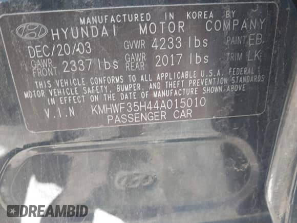 2004 Hyundai Sonata GLS z VIN KMHWF35H44A015010, wystawiony jako IAAI lot #42945146 z przebiegiem 279 153 mil mil oraz . Historia ofert i sprzedaży dostępna na DreamBid. Obrazek 9.