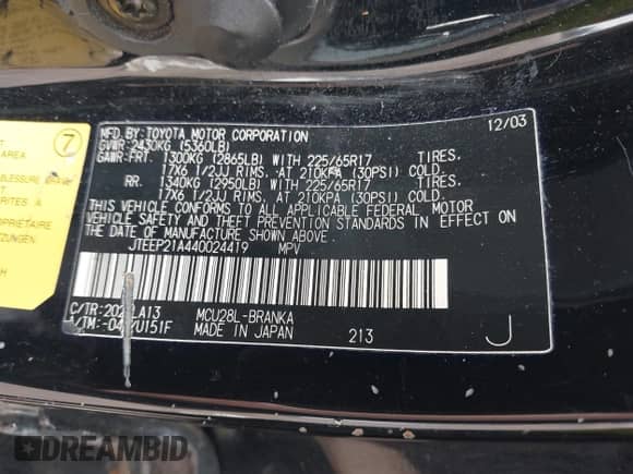 2004 Toyota Highlander с VIN JTEEP21A440024419, выставлен на аукционе IAAI как лот 42452923 с пробегом 207 679 миль миль и . История ставок и продаж доступна на DreamBid. Изображение 9.