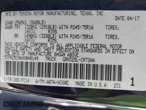 2017 Toyota Tacoma SR5 with VIN 5TFRZ5CN6HX040149, listed as a IAAI auction lot 43439836 with 103,650 mi miles and . Bid and sale history available at DreamBid. Image 9.