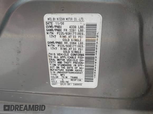 2009 Nissan Rogue SL with VIN JN8AS58TX9W049697, listed as a IAAI auction lot 42964597 with 157,840 mi miles and . Bid and sale history available at DreamBid. Image 9.