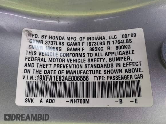 2010 Honda Civic with VIN 19XFA1E83AE006556, listed as a IAAI auction lot 41925177 with 185,477 mi miles and . Bid and sale history available at DreamBid. Image 9.