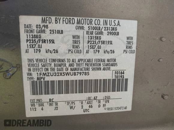 1998 Ford Explorer XL z VIN 1FMZU32X5WUB79785, wystawiony jako IAAI lot #41958251 z przebiegiem 156 787 mil mil oraz . Historia ofert i sprzedaży dostępna na DreamBid. Obrazek 9.