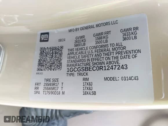 2024 Chevrolet Colorado 2WD Work Truck with VIN 1GCGSBEC0R1247243, listed as a IAAI auction lot 42096444 with 6,966 mi miles and . Bid and sale history available at DreamBid. Image 9.