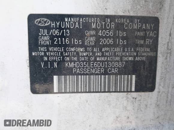 2013 Hyundai Elantra with VIN KMHD35LE6DU130887, listed as a IAAI auction lot 42558900 with 160,143 mi miles and . Bid and sale history available at DreamBid. Image 9.