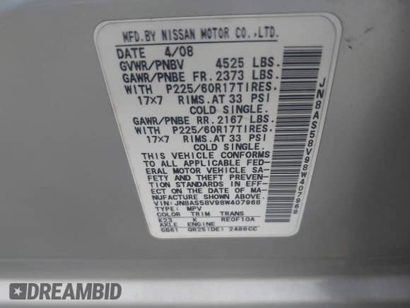 2008 Nissan Rogue SL with VIN JN8AS58V98W407968, listed as a IAAI auction lot 43245803 with 128,700 mi miles and . Bid and sale history available at DreamBid. Image 9.