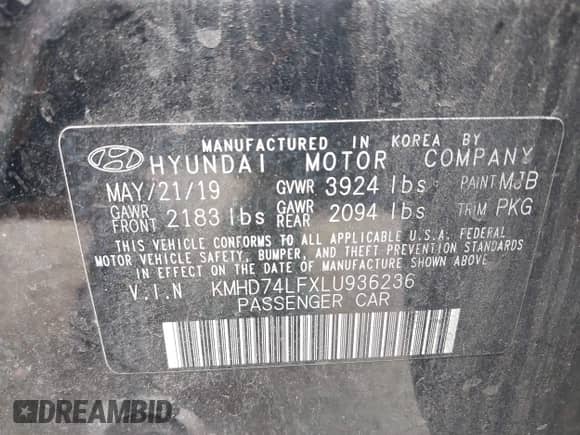 2020 Hyundai Elantra SE with VIN KMHD74LFXLU936236, listed as a IAAI auction lot 42896208 with 83,972 mi miles and . Bid and sale history available at DreamBid. Image 9.