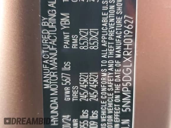 2024 Hyundai Santa Fe Calligraphy с VIN 5NMP5DGLXRH019627, выставлен на аукционе Copart как лот 84737354 с пробегом 3 873 миль миль и Списание • Salvage title. История ставок и продаж доступна на DreamBid. Изображение 16.