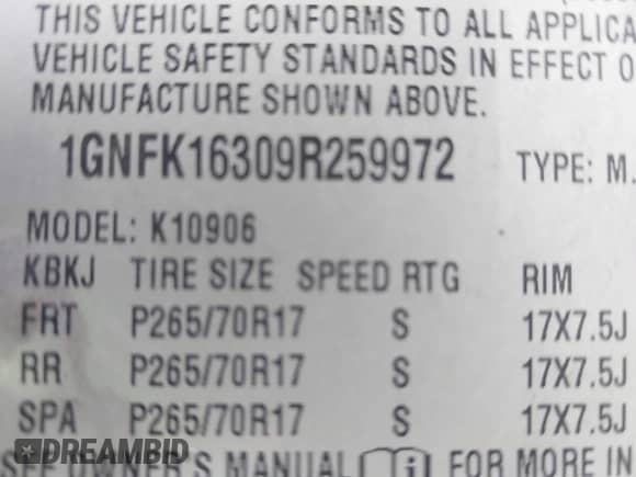 2009 Chevrolet Suburban LT with VIN 1GNFK16309R259972, listed as a IAAI auction lot 41568798 with 327,218 mi miles and . Bid and sale history available at DreamBid. Image 9.
