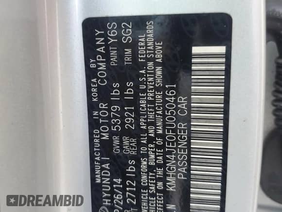 2015 Hyundai Genesis 3.8L с VIN KMHGN4JE0FU050461, выставлен на аукционе Copart как лот 71035904 с пробегом 174 573 миль миль и Чистый • Clean title. История ставок и продаж доступна на DreamBid. Изображение 12.