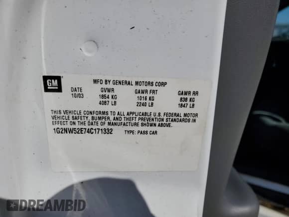 2004 Pontiac Grand Am GT с VIN 1G2NW52E74C171332, выставлен на аукционе Copart как лот 56047495 с пробегом 184 360 миль миль и На запчасти • Non repairable. История ставок и продаж доступна на DreamBid. Изображение 12.