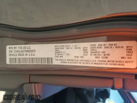 2024 Jeep Grand Cherokee Laredo X с VIN 1C4RJJAG7R8525979, выставлен на аукционе Copart как лот 73502034 с пробегом 4 480 миль миль и Списание • Salvage title. История ставок и продаж доступна на DreamBid. Изображение 13.