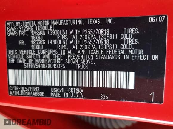 2007 Toyota Tundra SR5 z VIN 5TFRV54187X019325, wystawiony jako Copart lot #82415385 z przebiegiem 268 431 mil mil oraz Szkoda całkowita • Salvage title. Historia ofert i sprzedaży dostępna na DreamBid. Obrazek 12.