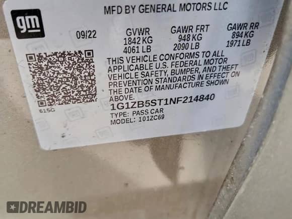 2022 Chevrolet Malibu LS with VIN 1G1ZB5ST1NF214840, listed as a Copart auction lot 70303335 with 46,807 mi miles and Salvage title. Bid and sale history available at DreamBid. Image 12.