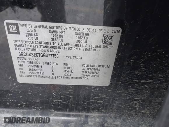 2016 Chevrolet Silverado 1500 LTZ with VIN 3GCUKSEC7GG377750, listed as a IAAI auction lot 41266073 with 184,720 mi miles and . Bid and sale history available at DreamBid. Image 9.