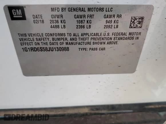 2018 Chevrolet Volt Premier with VIN 1G1RD6S58JU130988, listed as a Copart auction lot 81961865 with 102,273 mi miles and Salvage title. Bid and sale history available at DreamBid. Image 12.