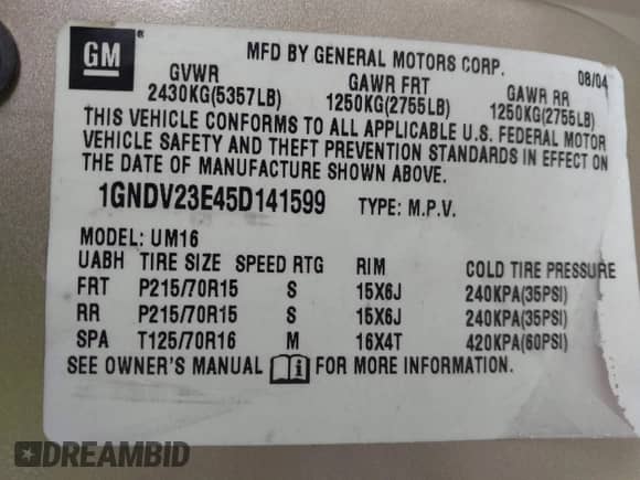 2005 Chevrolet Venture LS с VIN 1GNDV23E45D141599, выставлен на аукционе IAAI как лот 43082297 с пробегом 158 236 миль миль и . История ставок и продаж доступна на DreamBid. Изображение 9.
