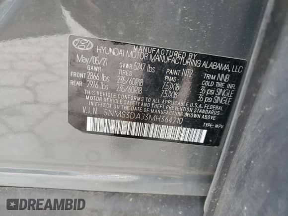 2021 Hyundai Santa Fe SEL with VIN 5NMS3DAJ3MH364210, listed as a Copart auction lot 64785765 with 48,552 mi miles and Salvage title. Bid and sale history available at DreamBid. Image 13.