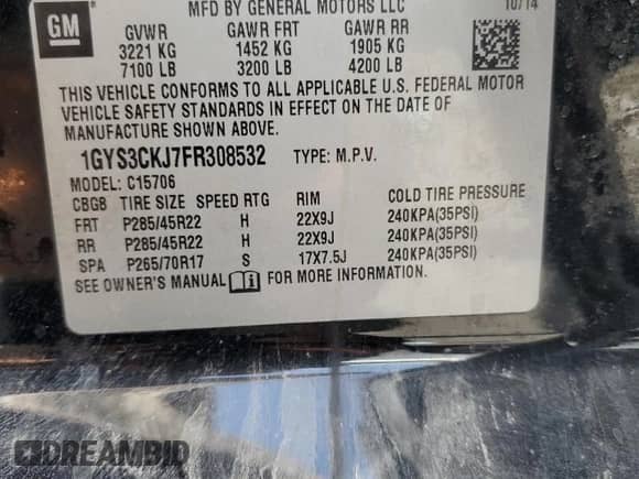 2015 Cadillac Escalade Premium с VIN 1GYS3CKJ7FR308532, выставлен на аукционе Copart как лот 65614885 с пробегом 52 819 миль миль и Списание • Salvage title. История ставок и продаж доступна на DreamBid. Изображение 13.