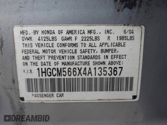 2004 Honda Accord EX with VIN 1HGCM566X4A135367, listed as a IAAI auction lot 42736135 with 239,194 mi miles and . Bid and sale history available at DreamBid. Image 9.
