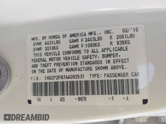 2010 Honda Accord EX-L с VIN 1HGCP2F87AA092531, выставлен на аукционе IAAI как лот 43259873 с пробегом 155 829 миль миль и . История ставок и продаж доступна на DreamBid. Изображение 9.